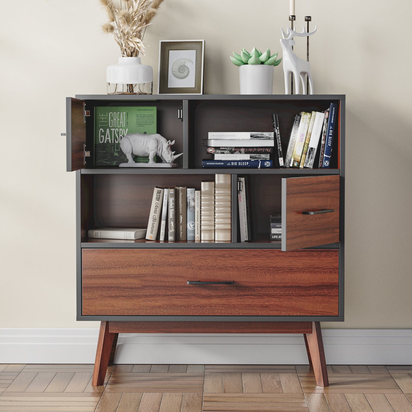 Storage Cabinet with Drawer & 2 Doors, Bathroom Storage Cabinet, Wood Floor Storage Cabinet, Accent Cabinet for Living Room, Bedroom, Home Office, Entryway, Brown