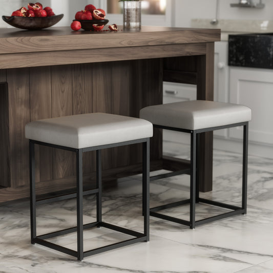 Bar Stool Set of 2, Modern Counter Height Bar Stools, 24 Inch Island Chairs for Kitchen Counter, Metal Base with PU Leather Cushion, Light Grey