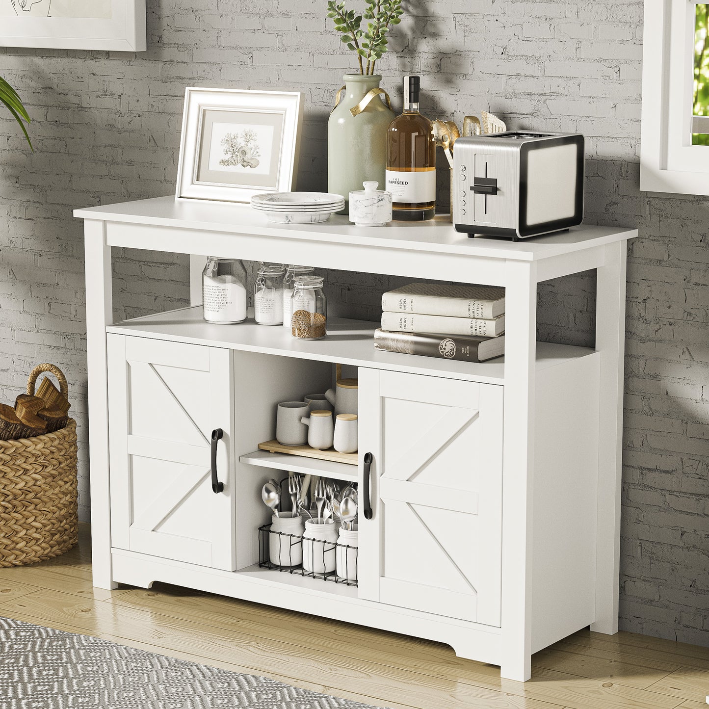 Farmhouse Kitchen Buffet Storage Cabinet with Doors and Adjustable Shelves, Buffet Table Sideboard, Accent Liquor Coffee Bar Cabinet for Kitchen, White