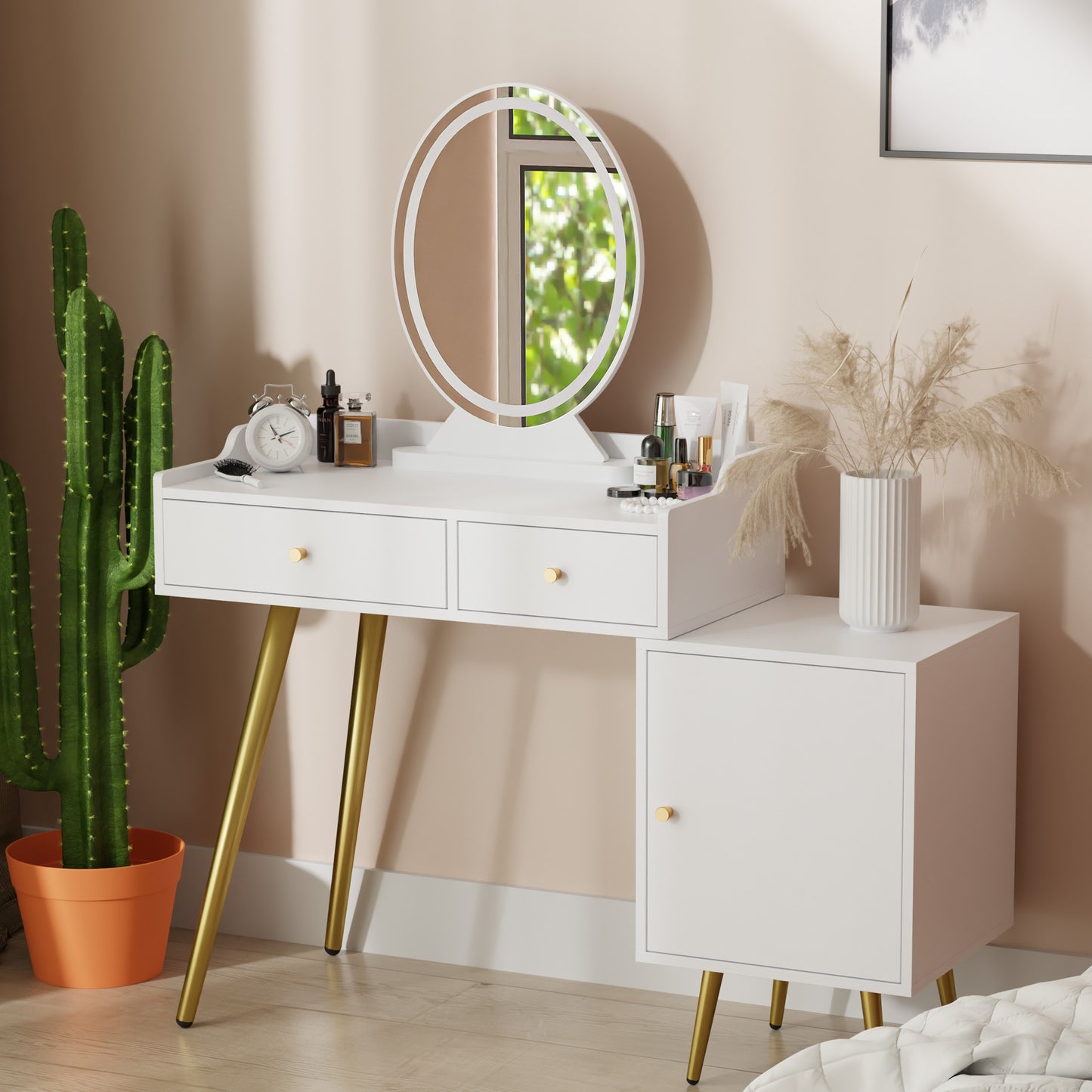 White Vanity Desk with Lighted Mirror, Makeup Vanity Table with Drawers and Adjustable Cabinet, Dressing Table Without Chair for Makeup Room, Bedroom