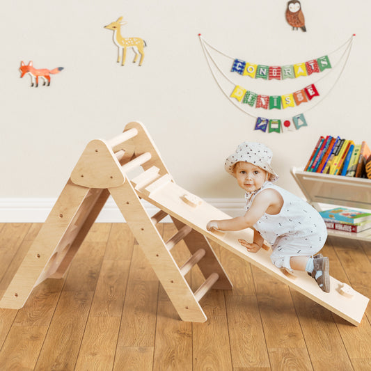 2 in 1 Wooden Climbing Toys for Toddlers, Foldable Pikler Triangle Climber with Ramp for Sliding or Climbing, Oak