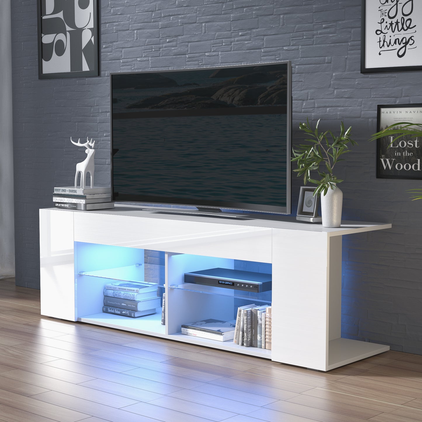 White TV Stand for 50/55/60/65 Inch TV, Media Console Tables with High Gloss Modern Style, LED Entertainment Center for Living Room with Large Storage