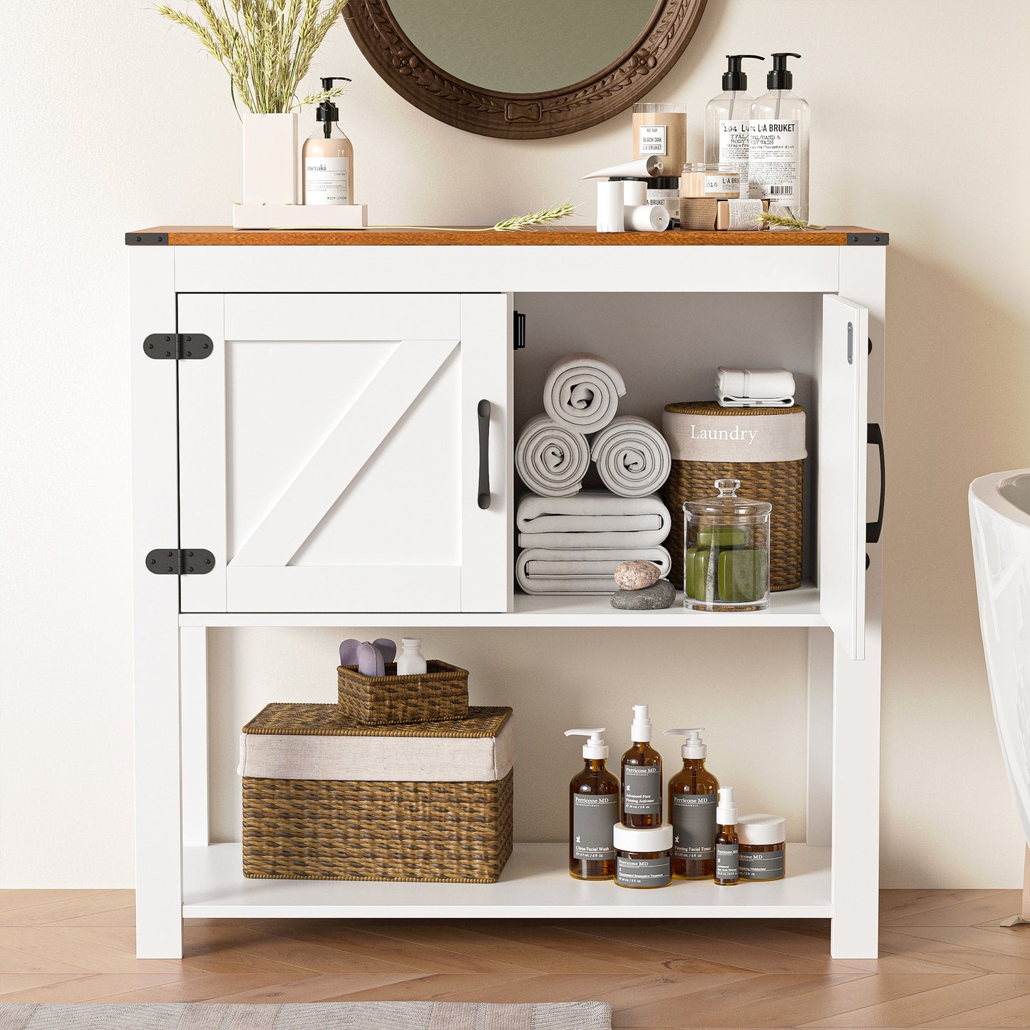 Farmhouse Coffee Bar Cabinet, Buffet Table with 2 Doors, Accent Buffet Storage Cabinet for Entryway, Kitchen, Bathroom, White