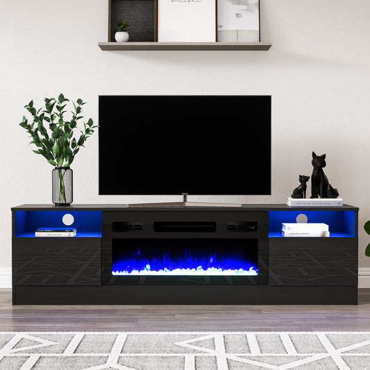 Fireplace TV Stand for 75 inch TV, LED TV Entertainment Center with 30" Electric Fireplace, High Gloss Modern Television Stand