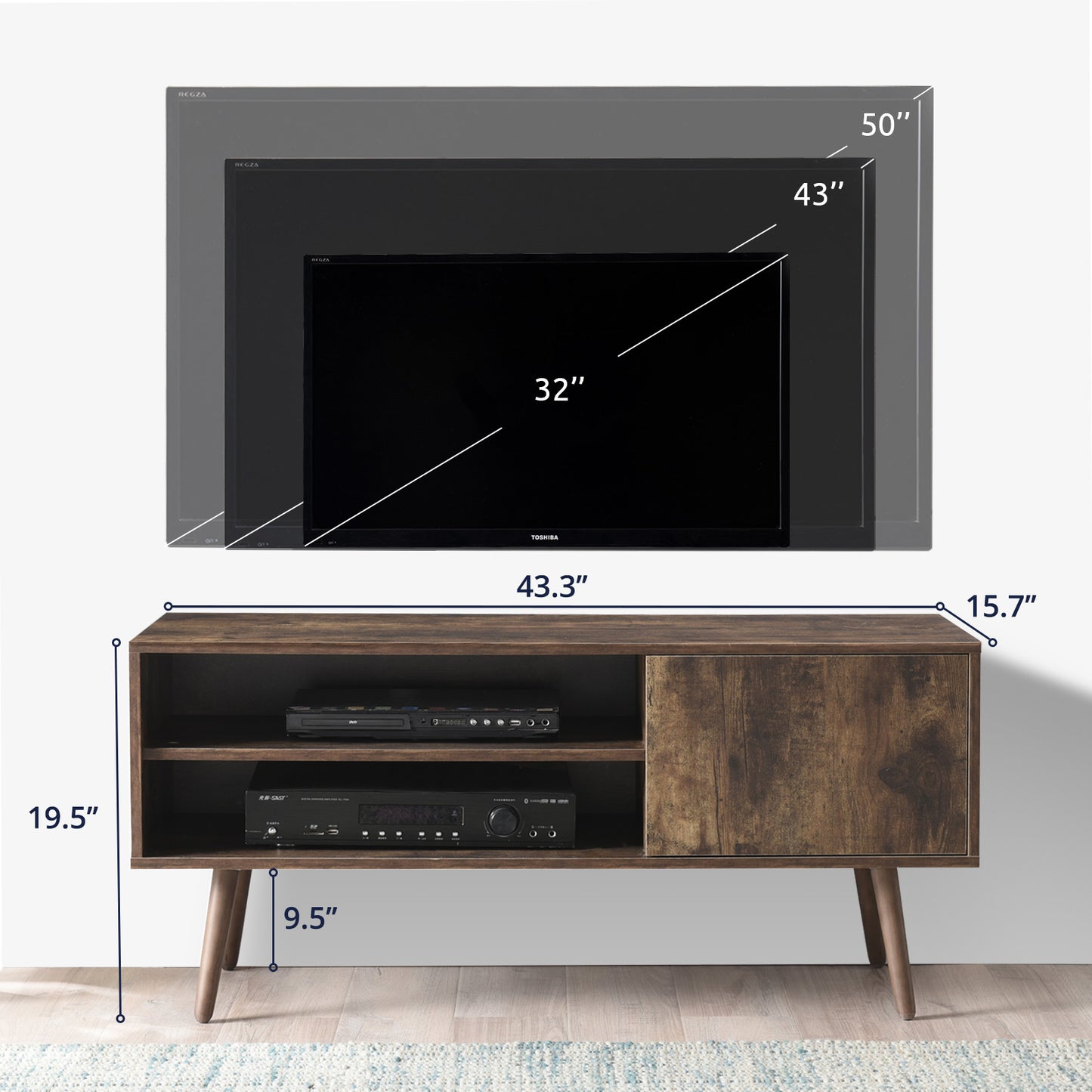 TV Stand for 50 Inch TV, Modern TV Console with Shelves for Living Room Bedroom, Black Entertainment Center for Flat Screen TV, Wood TV Stand for TVs up to 50", 43.3 inch