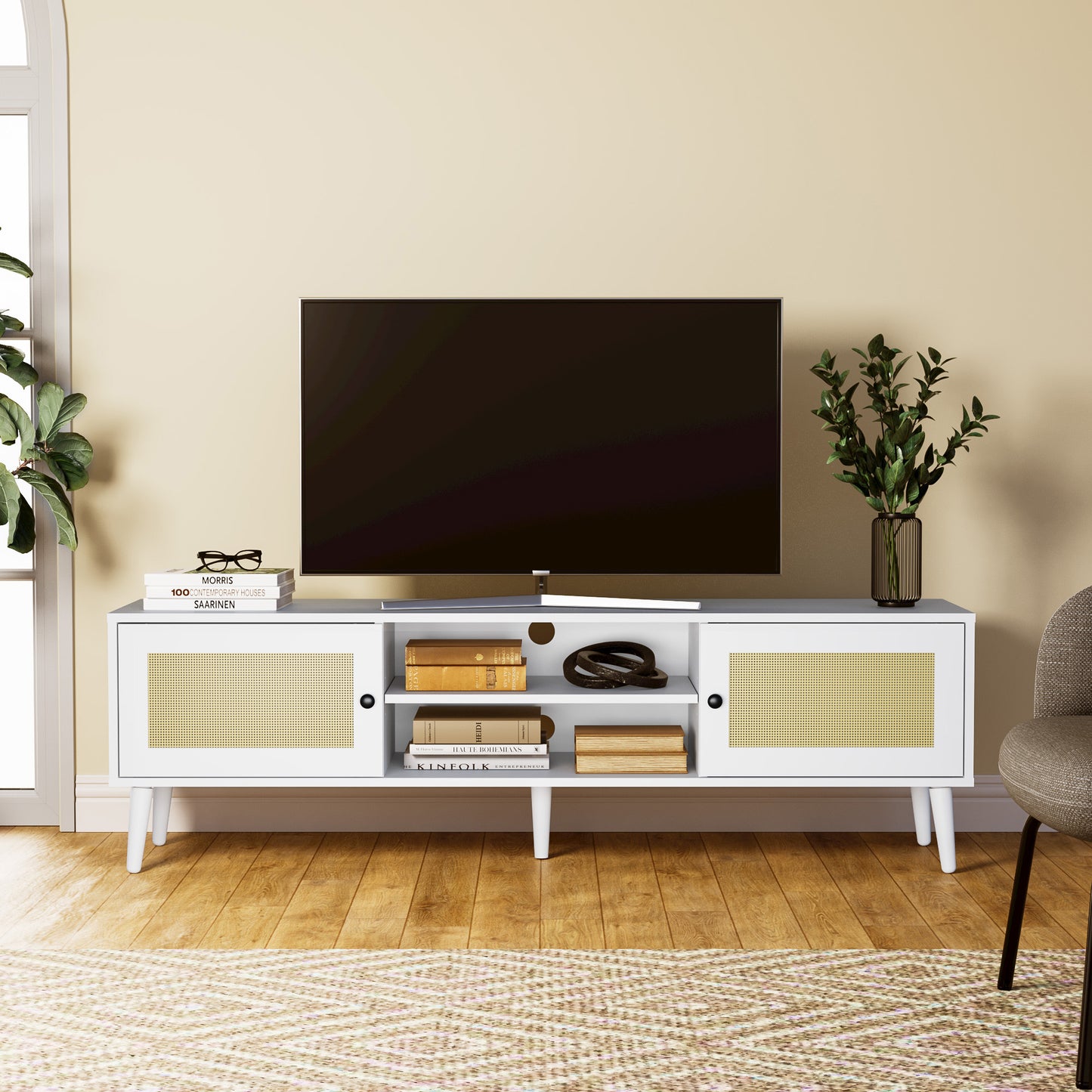 Cozy Castle Rattan TV Stand with Large Storage for 60/65 Inch TV