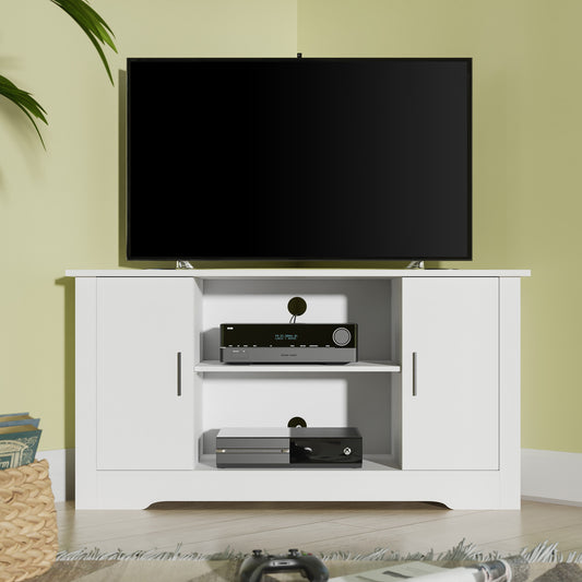 White Small Corner TV Stand for 50 Inch TV, Wood Corner TV Cabinet with Doors, Corner Enterainment Center for Bedroom, Living Room