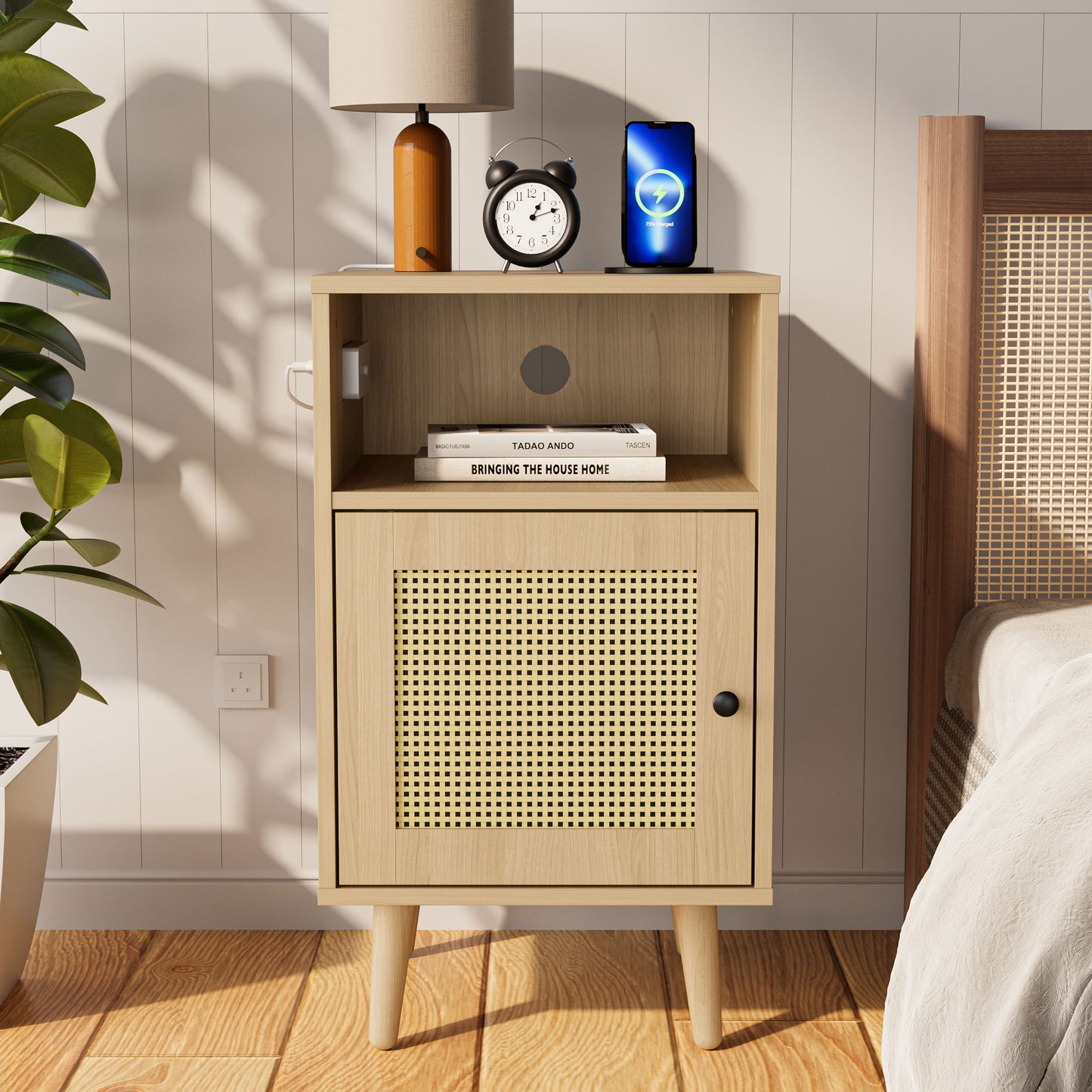 Rattan Nightstand Set of 2 with Charging Station