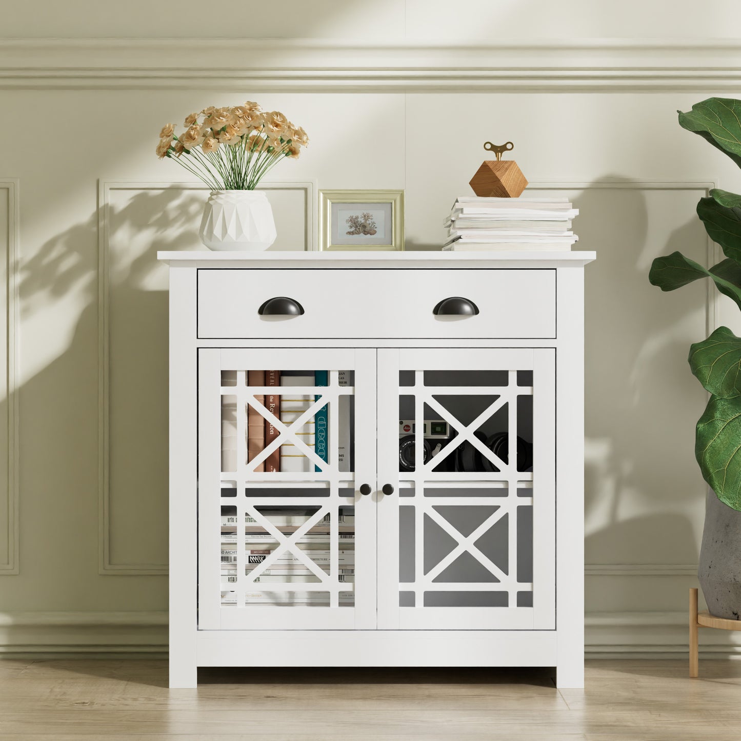 Kitchen Storage Cabinet with Doors and Adjustable Shelf, 31.4" W x 31.4" H Freestanding Buffet Sidebord, Accent Cabinet for Kitchen, Dining Room, White