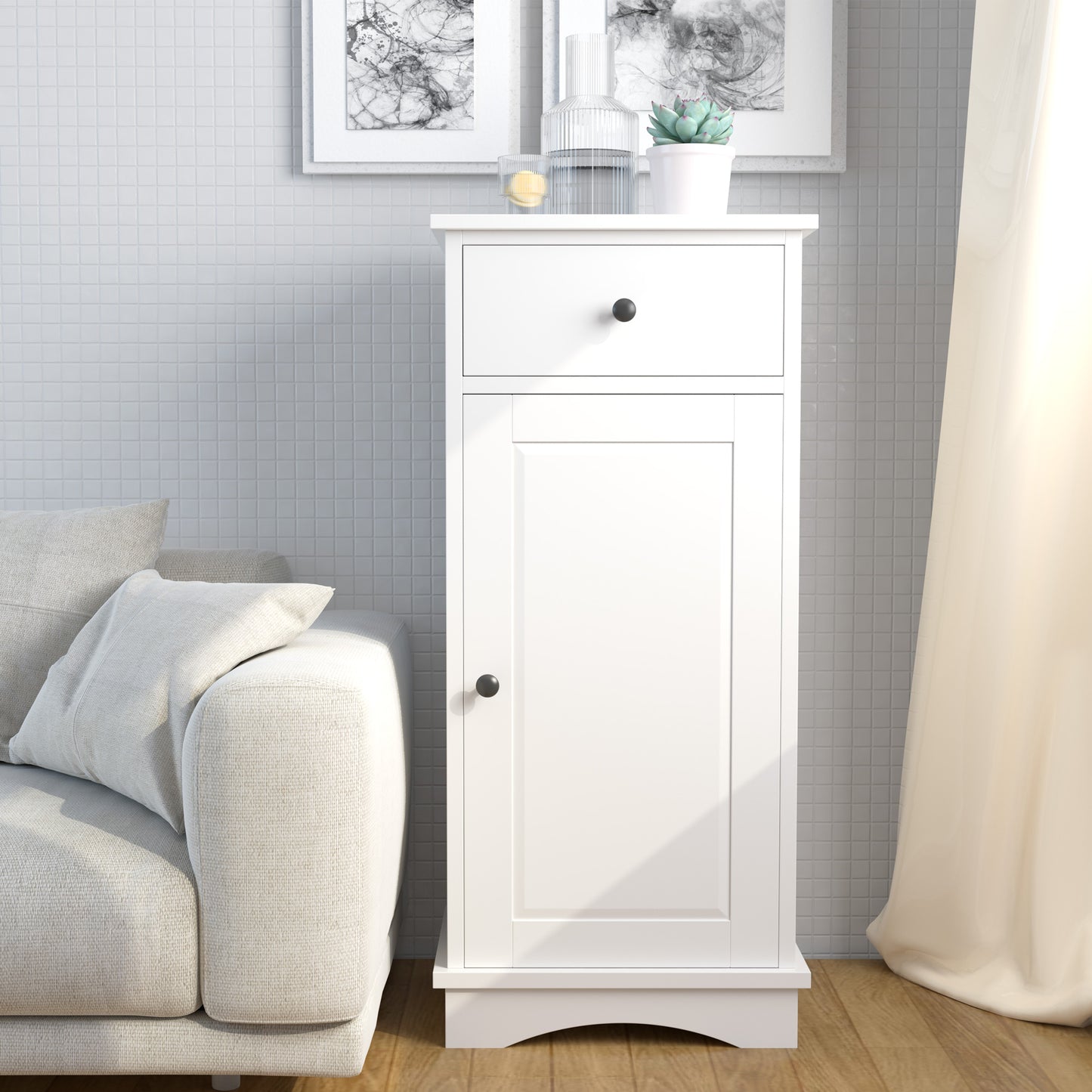 White Small Bathroom Storage Cabinet, Narrow Narrow End Table Side Table Cabinet with Door and Drawer, Freestanding Bathroom Floor Cabinet