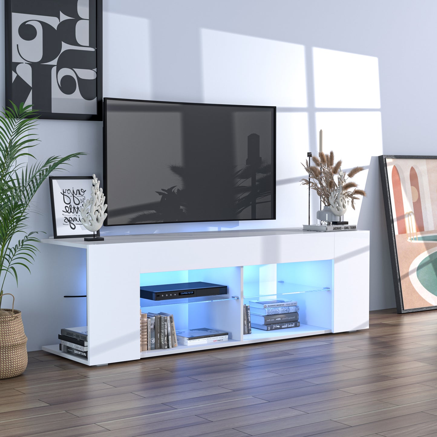 White TV Stand for 50/55/60/65 Inch TV, Media Console Tables with High Gloss Modern Style, LED Entertainment Center for Living Room with Large Storage