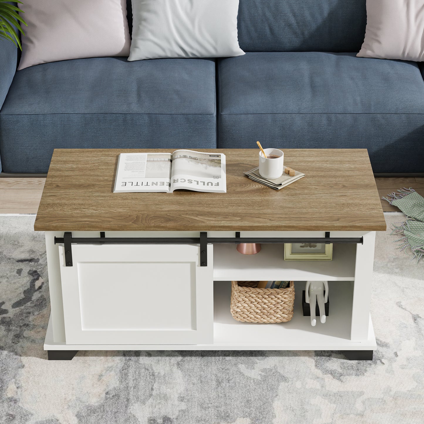 White Farmhouse Coffee Table, Modern Living Room Table with Storage Shelf and Sliding Barn Door for Living Room