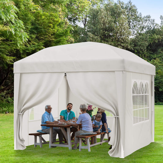 Canopy Tent with Sidewalls, 10x10ft Pop Up Canopy, Outdoor Patio Gazebo w/3 Church Window Sides, Wheeled Carry Case & Weight Bags, White