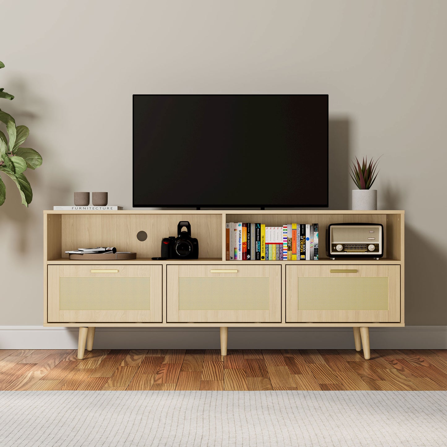 Cozy Castle Rattan TV Stand with Storage for 65/70 Inch TV