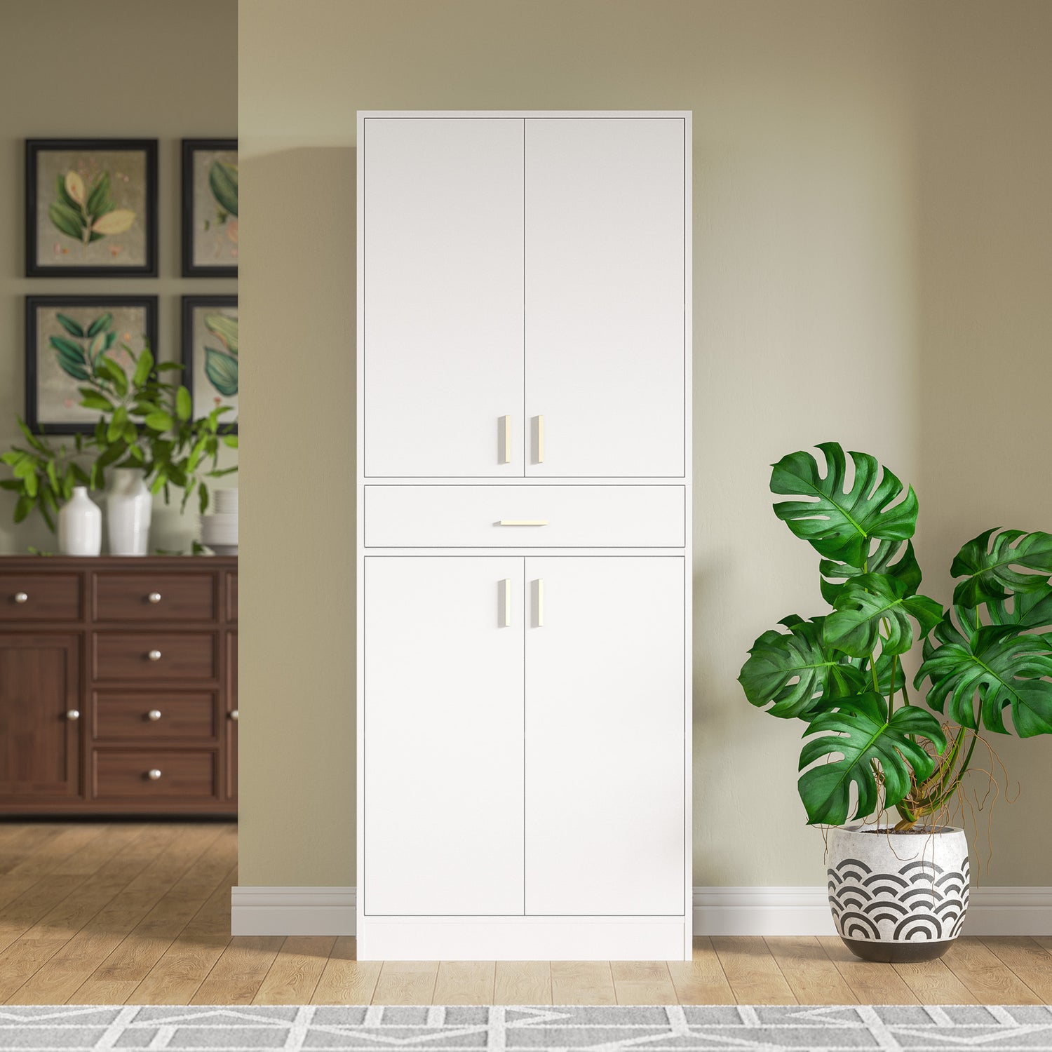 Cozy Castle 70 inch Tall White Display Cabinet, Pantry Cabinet with Acrylic Glass Doors and Drawer, China Cabinet, Office Storage Cabinet, Bookcase