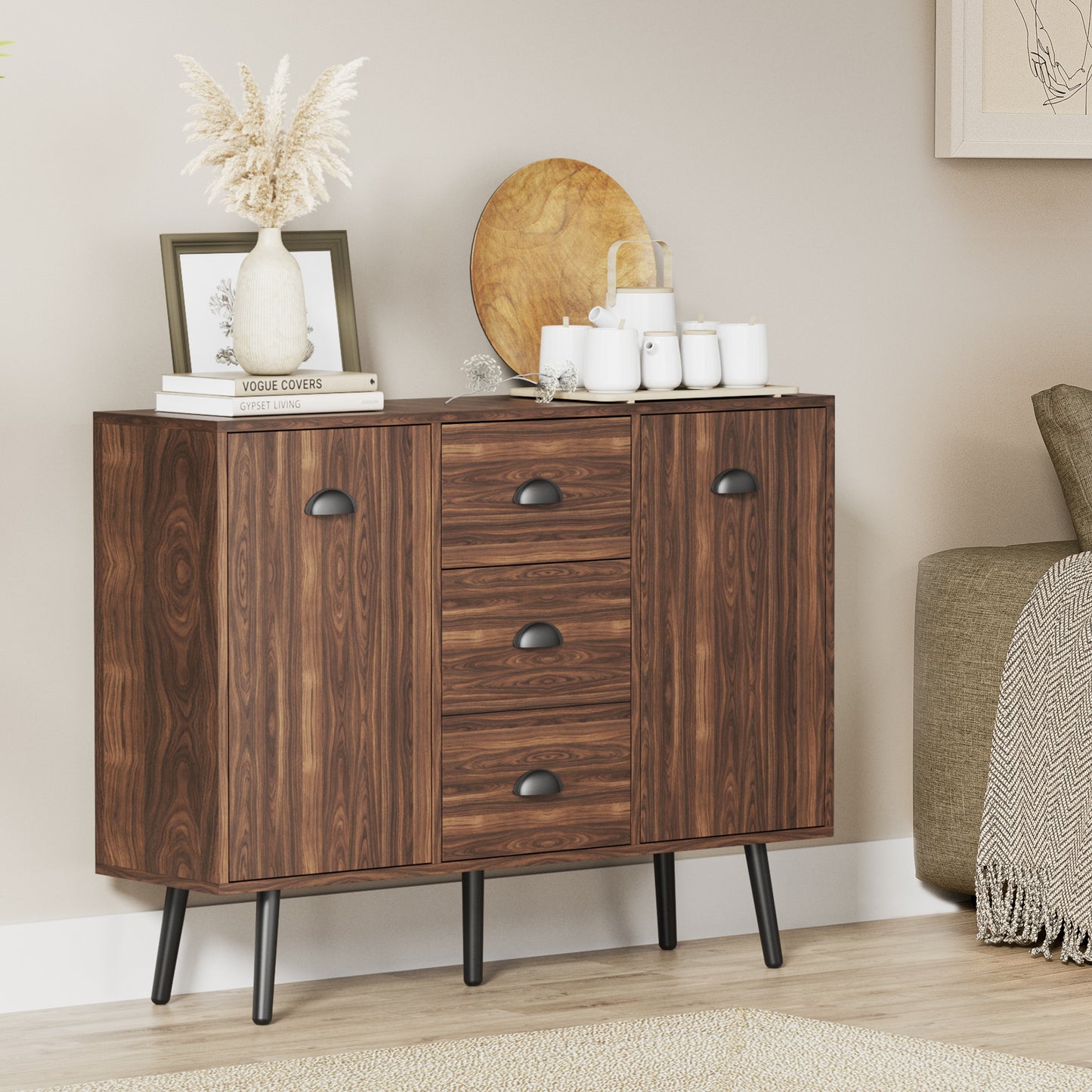 Storage Cabinet, 41" W x 33" H Accent Buffet Cabinet with 2 Doors & 3 Drawers, Freestanding Buffet Sideboard for Entryway, Office, Living Room, Walnut