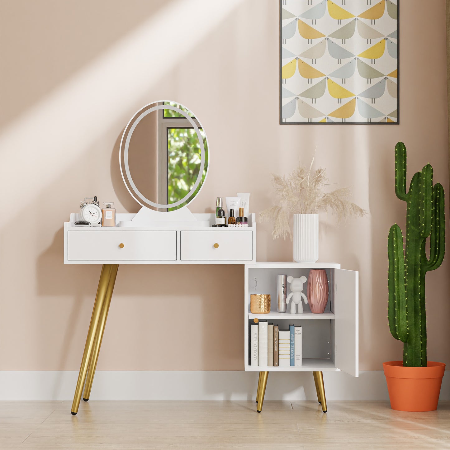 White Vanity Desk with Lighted Mirror, Makeup Vanity Table with Drawers and Adjustable Cabinet, Dressing Table Without Chair for Makeup Room, Bedroom