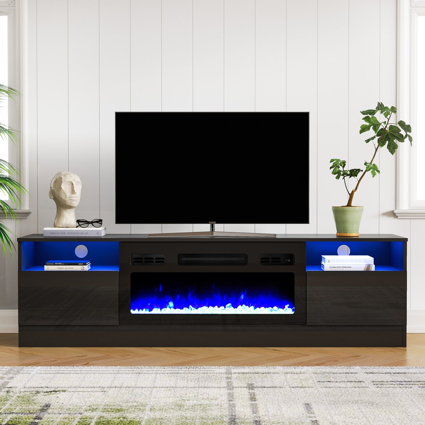 Fireplace TV Stand for 75 inch TV, LED TV Entertainment Center with 30" Electric Fireplace, High Gloss Modern Television Stand