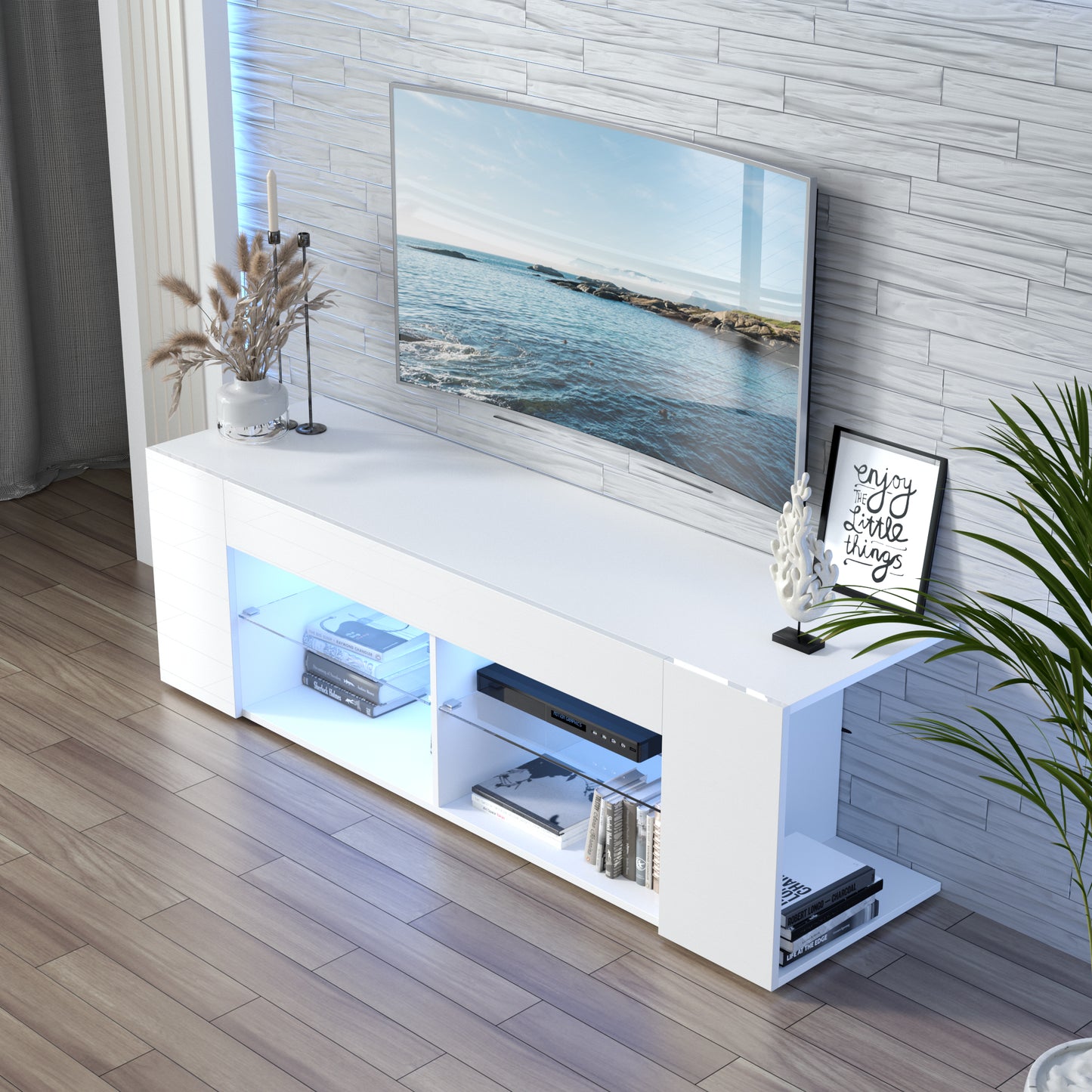 White TV Stand for 50/55/60/65 Inch TV, Media Console Tables with High Gloss Modern Style, LED Entertainment Center for Living Room with Large Storage