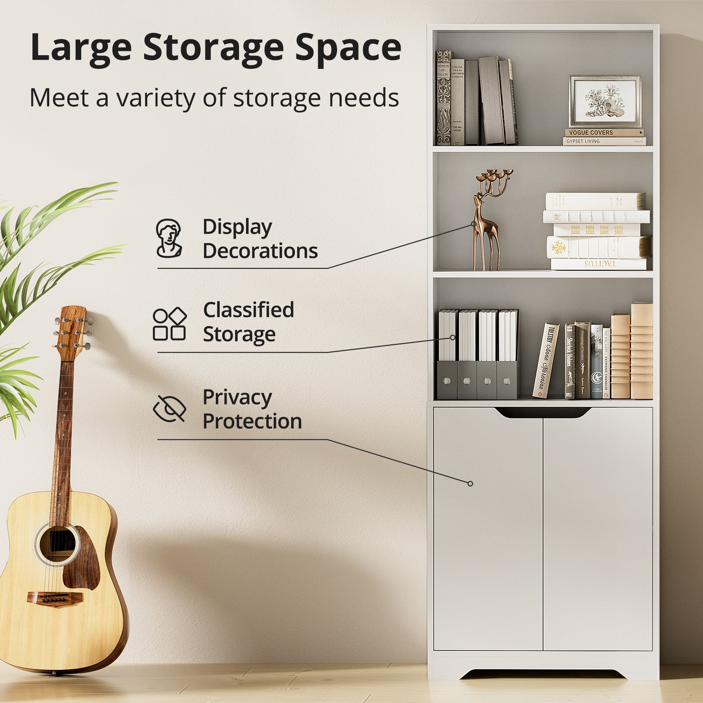 Bookcase with Doors, Storage Organizer Cabinet with 3 Open Shelves, Book Shelf Free Standing Floor Cabinet for Home Office, White