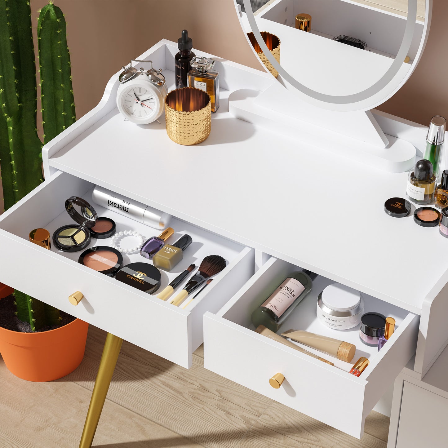 White Vanity Desk with Lighted Mirror, Makeup Vanity Table with Drawers and Adjustable Cabinet, Dressing Table Without Chair for Makeup Room, Bedroom