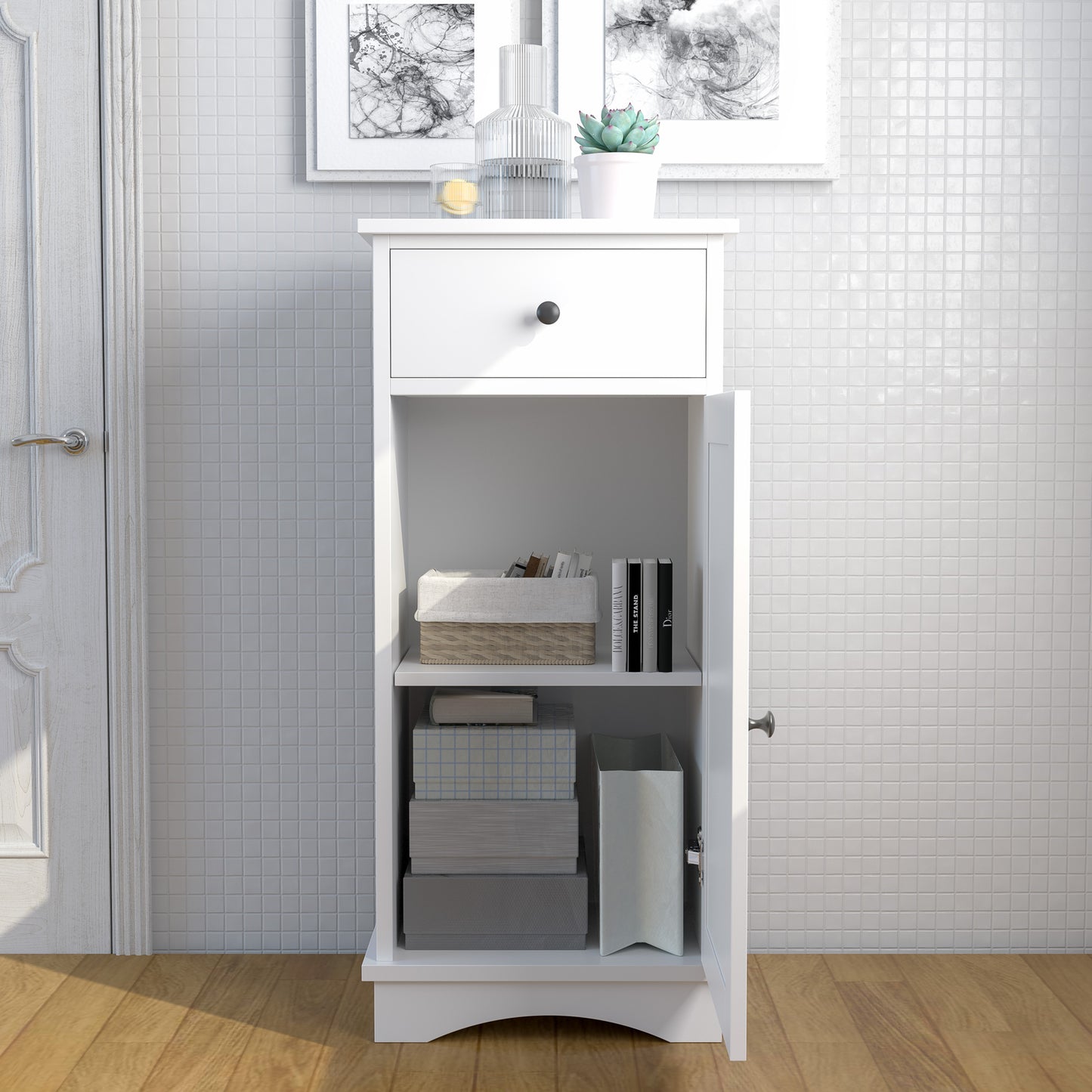 White Small Bathroom Storage Cabinet, Narrow Narrow End Table Side Table Cabinet with Door and Drawer, Freestanding Bathroom Floor Cabinet