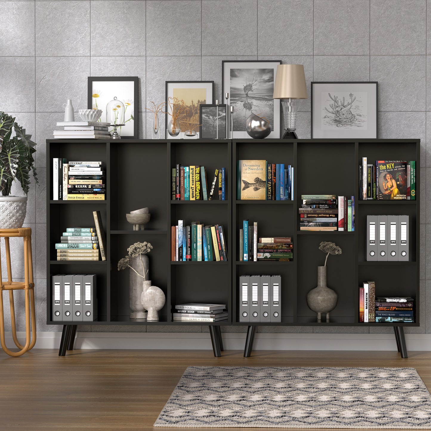 Black Small Bookshelf, Wood 8 Cube Storage Organizer Book Shelves with Anti-Tilt Device, Freestanding Modern Bookcase for Bedroom, Office, Living Room