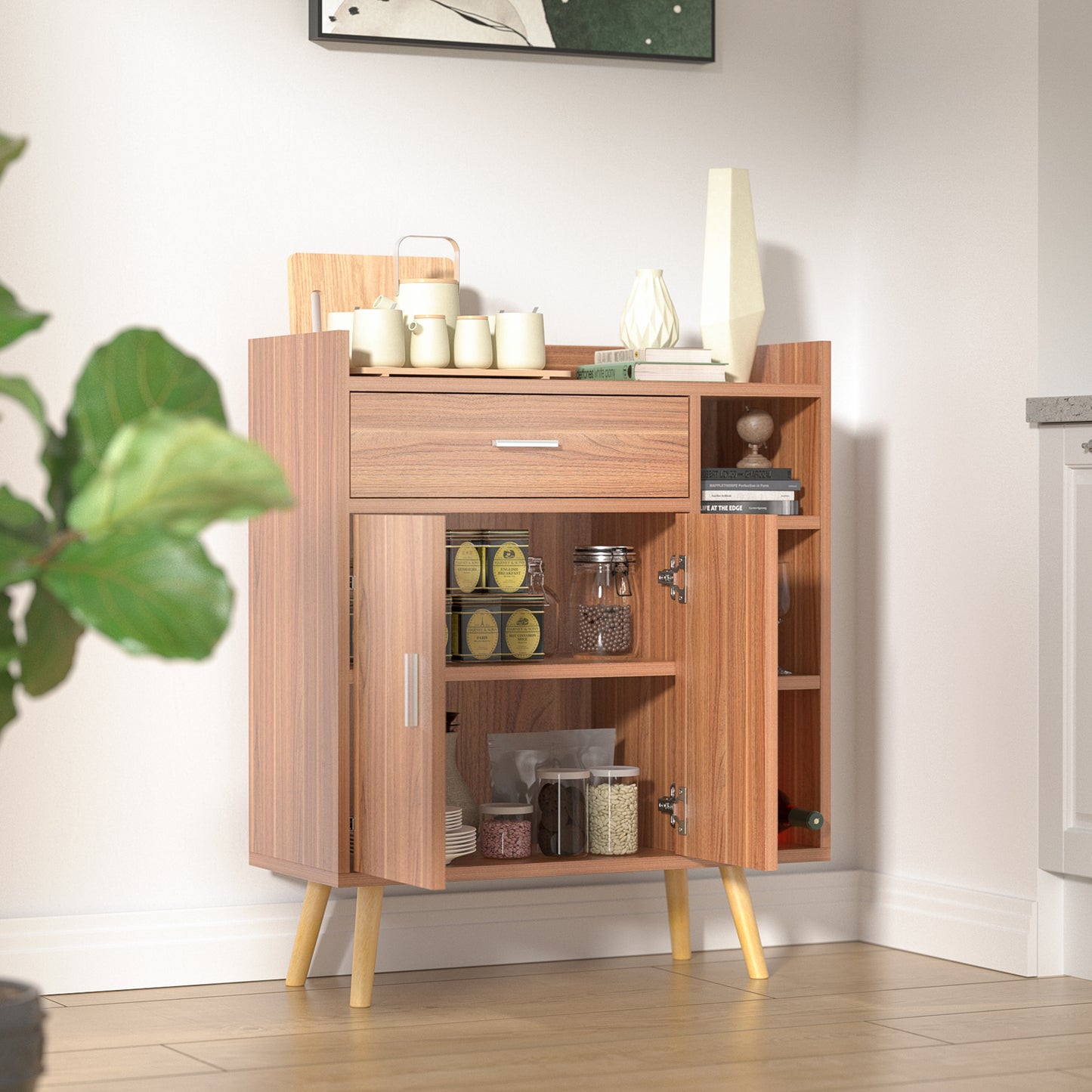 Small Storage Cabinet with 1 Drawer and 2 Doors, Freestanding Coffee Bar Cabinet, Office Storage & Organization for Kitchen and Hallway, Walnut