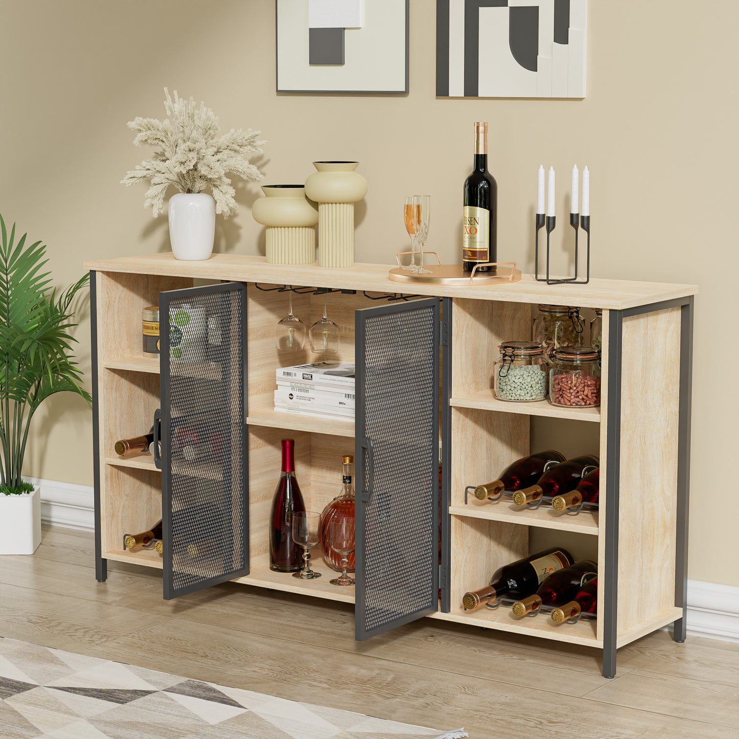 Cozy Castle Industrial Wine Bar Cabinet, Liquor Buffet Bar Cabinet with Wine Rack and Glass Holder, Coffee Bar Buffet Cabinet for Home Bar (55 Inch, Oak)