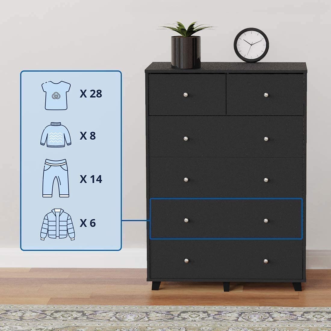 6 Drawer Dresser, MDF Board, Black