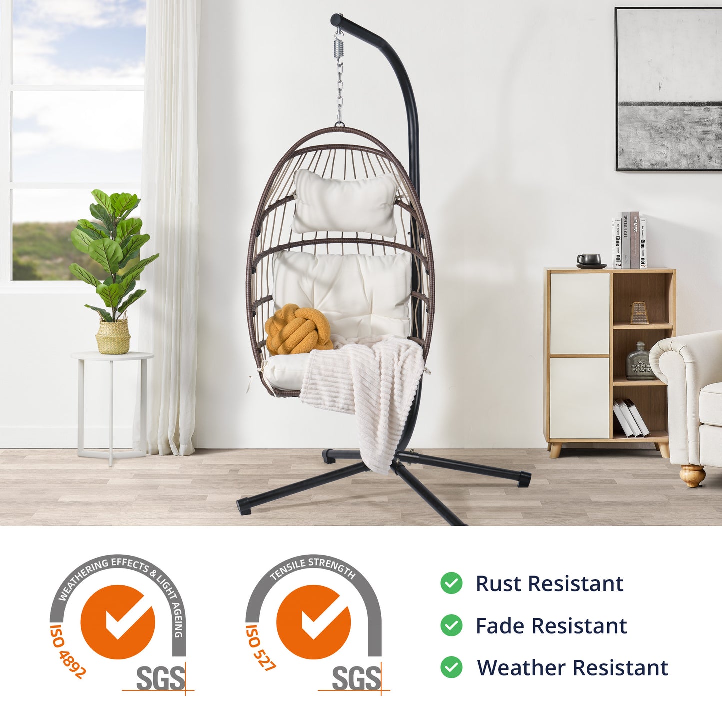 Egg Chair with Stand, Bohemian Wicker Hanging Chair, Outdoor Folding Hammock Chair for Porch, Patio, Balcony & Backyard, W/White Cushions, Brown (Waterproof Cover Included)