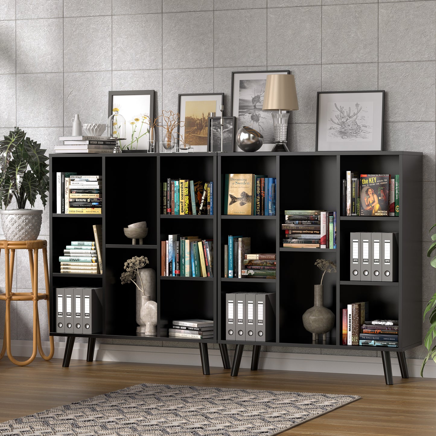 Black Small Bookshelf, Wood 8 Cube Storage Organizer Book Shelves with Anti-Tilt Device, Freestanding Modern Bookcase for Bedroom, Office, Living Room