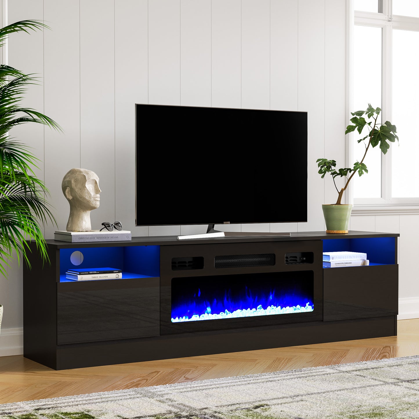 Fireplace TV Stand for 75 inch TV, LED TV Entertainment Center with 30" Electric Fireplace, High Gloss Modern Television Stand