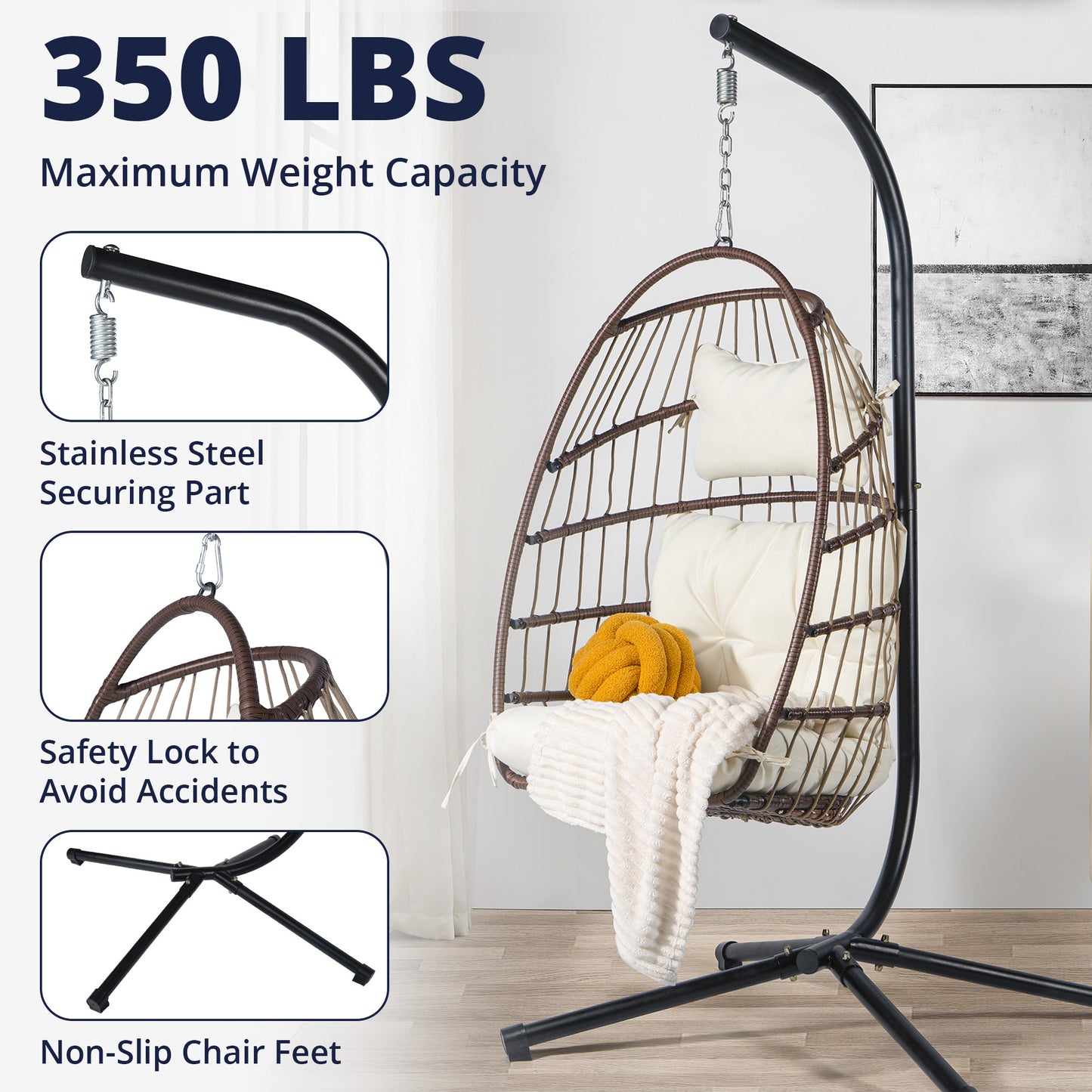 Egg Chair with Stand, Bohemian Wicker Hanging Chair, Outdoor Folding Hammock Chair for Porch, Patio, Balcony & Backyard, W/White Cushions, Brown (Waterproof Cover Included)