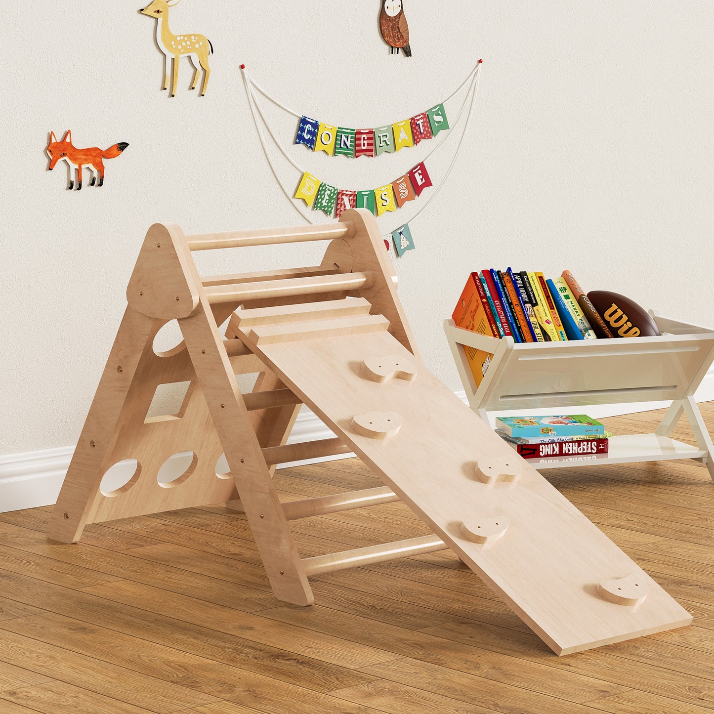 2 in 1 Wooden Climbing Toys for Toddlers, Foldable Pikler Triangle Climber with Ramp for Sliding or Climbing, Oak