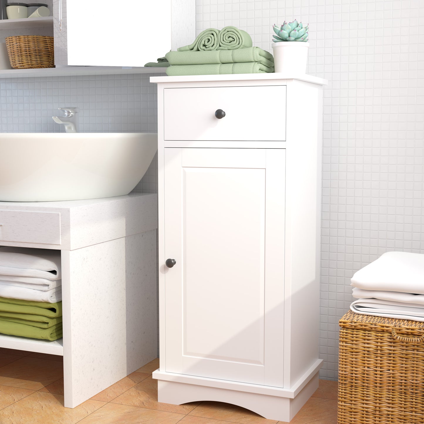 White Small Bathroom Storage Cabinet, Narrow Narrow End Table Side Table Cabinet with Door and Drawer, Freestanding Bathroom Floor Cabinet