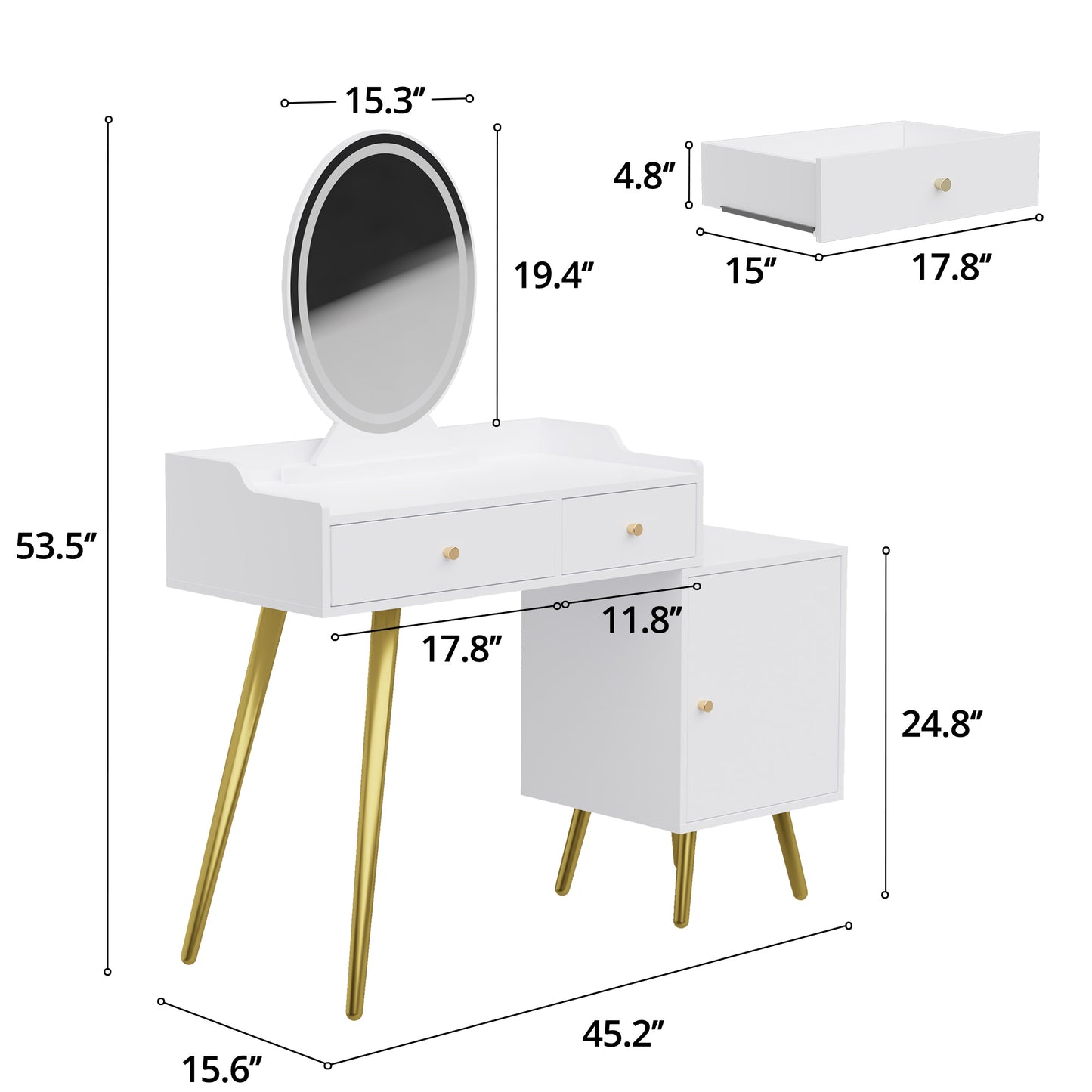 White Vanity Desk with Lighted Mirror, Makeup Vanity Table with Drawers and Adjustable Cabinet, Dressing Table Without Chair for Makeup Room, Bedroom