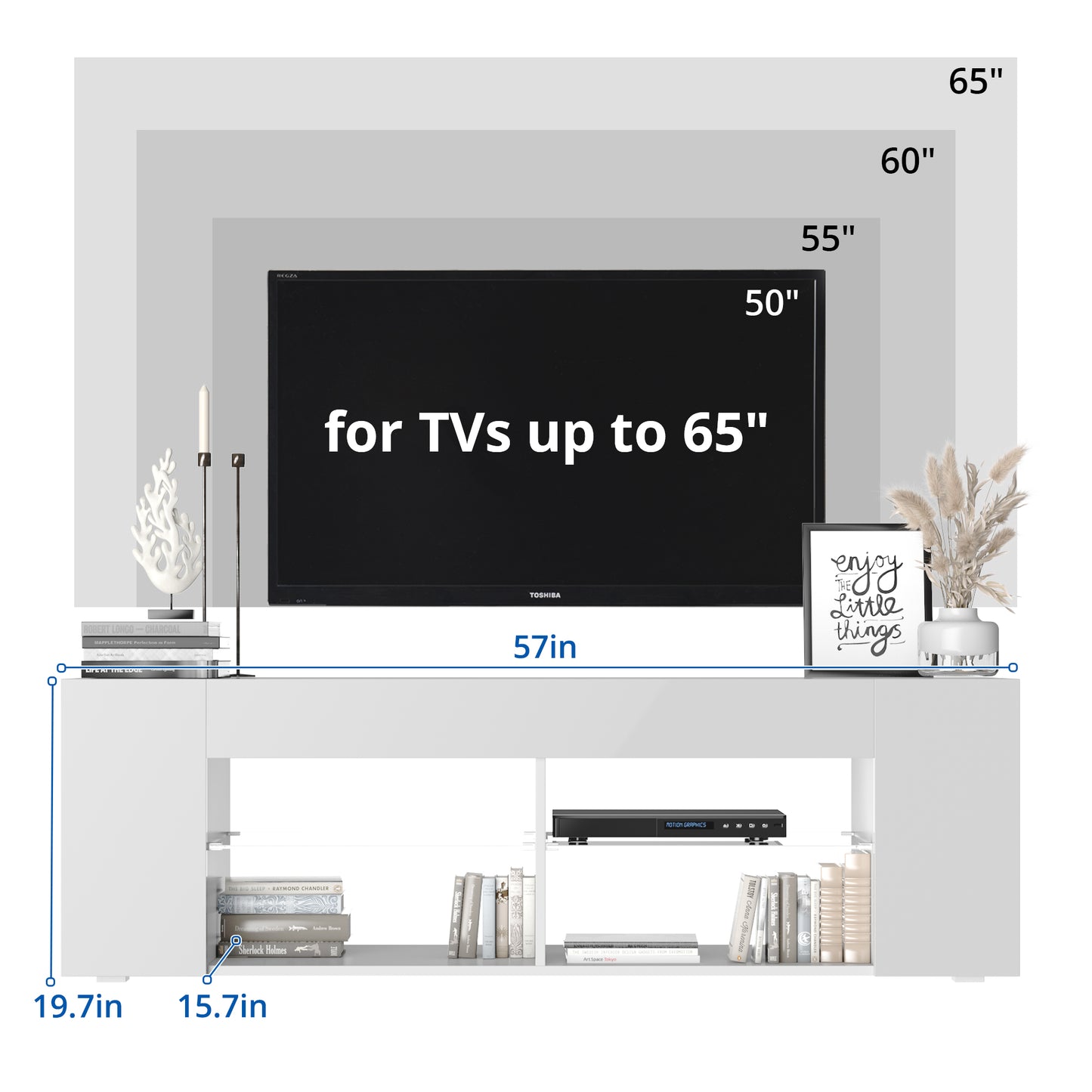White TV Stand for 50/55/60/65 Inch TV, Media Console Tables with High Gloss Modern Style, LED Entertainment Center for Living Room with Large Storage