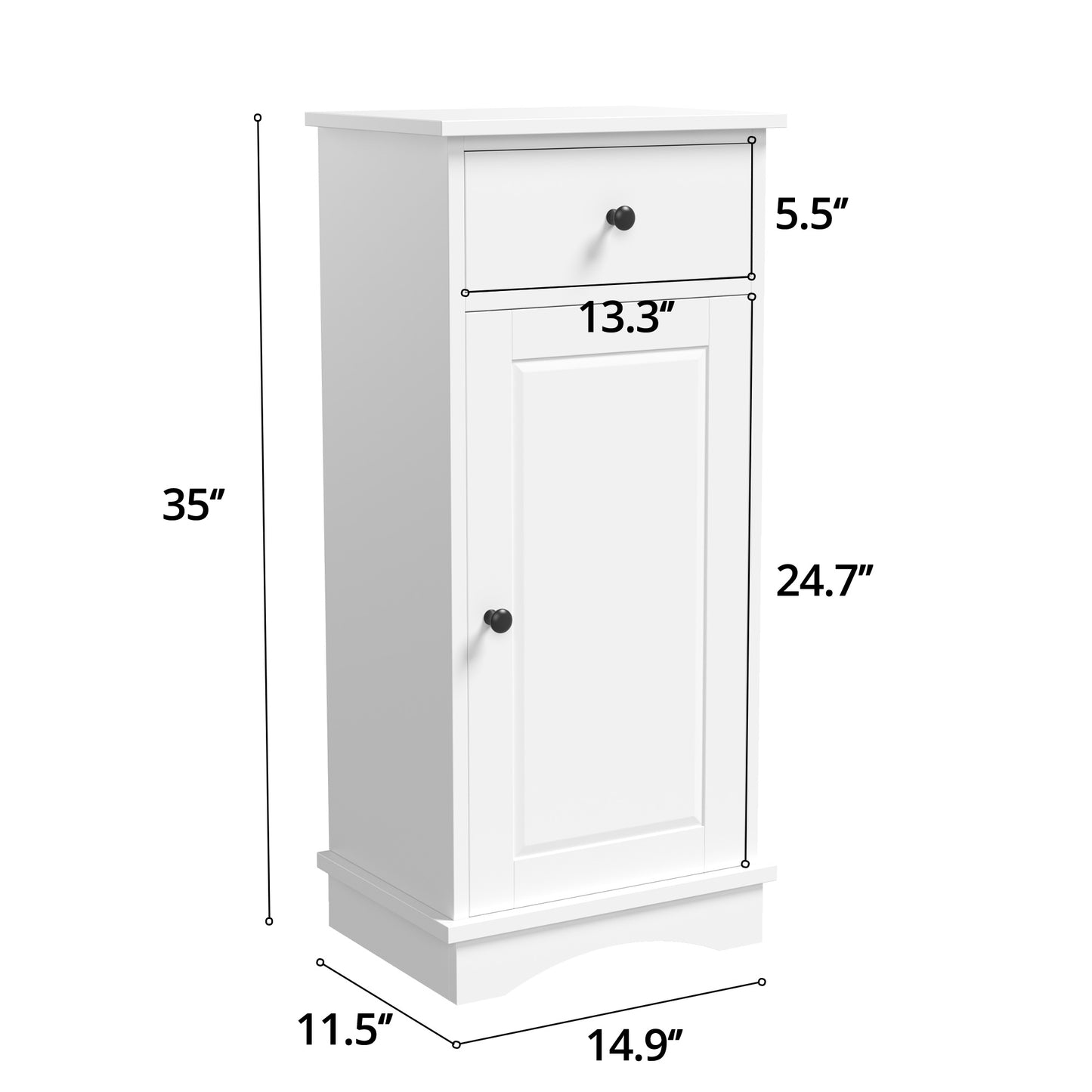 White Small Bathroom Storage Cabinet, Narrow Narrow End Table Side Table Cabinet with Door and Drawer, Freestanding Bathroom Floor Cabinet