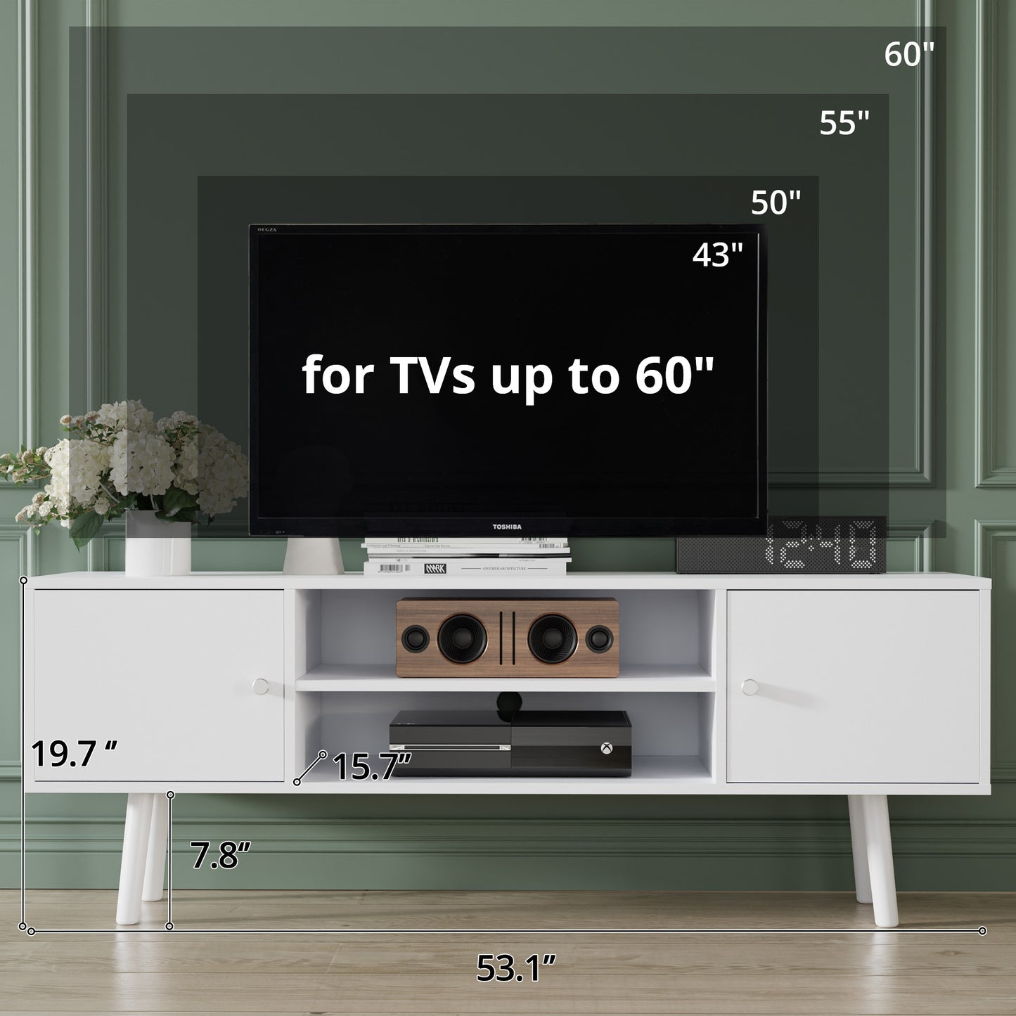 Wood TV Stand for 50/55/60 inch TV, Modern Entertainment Center with Large Storage, Media Console Tables for Living Room Bedroom and Office, White