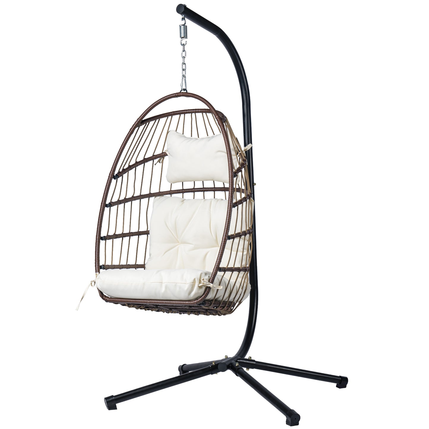 Egg Chair with Stand, Bohemian Wicker Hanging Chair, Outdoor Folding Hammock Chair for Porch, Patio, Balcony & Backyard, W/White Cushions, Brown (Waterproof Cover Included)