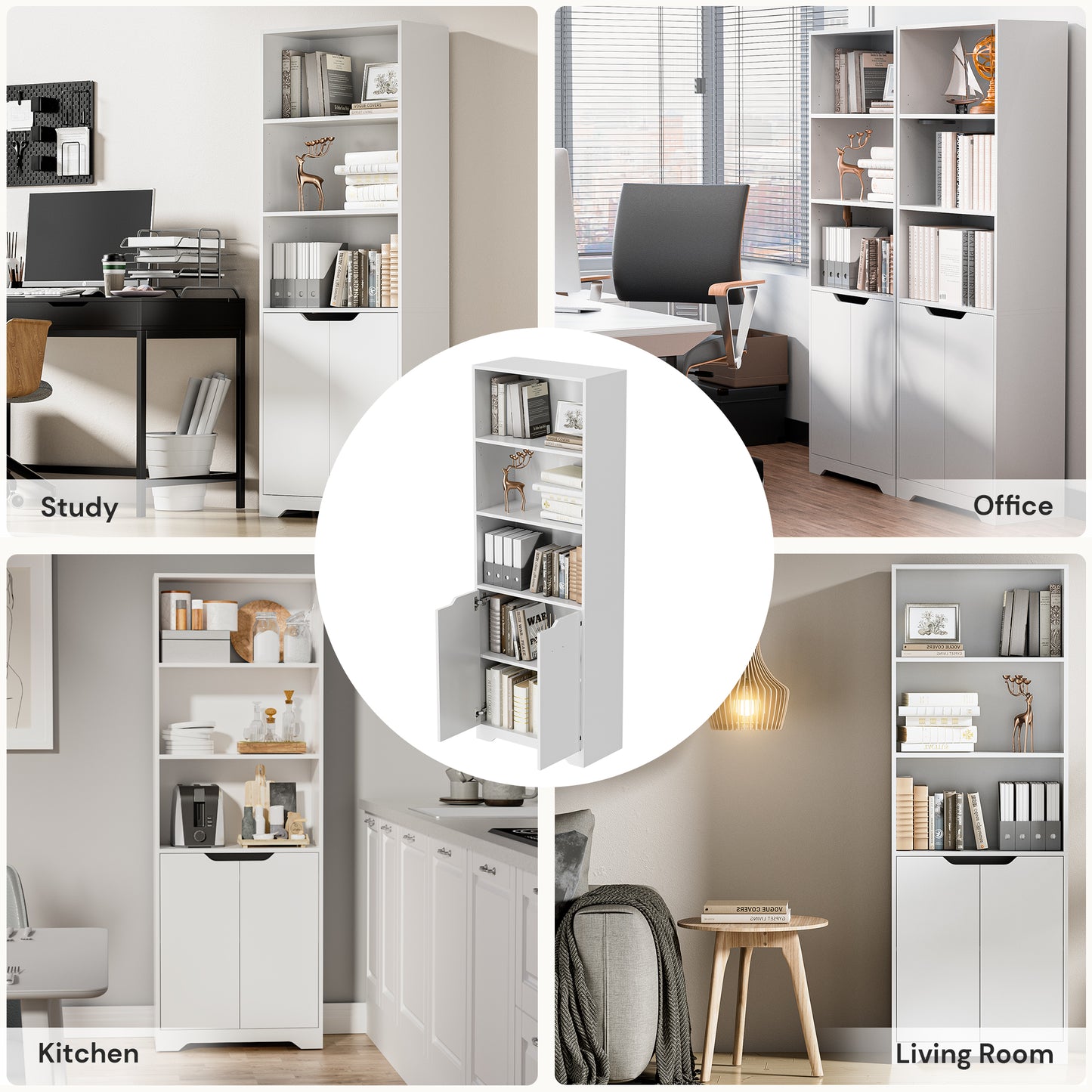 Bookcase with Doors, Storage Organizer Cabinet with 3 Open Shelves, Book Shelf Free Standing Floor Cabinet for Home Office, White