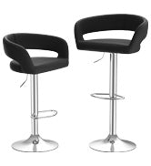 Bar Stool Set of 2, Swivel Counter Stool, Modern Adjustable Barstool, Curved Backrest Faux Leather Bar Chair, 24 to 32 Inch Height, Black