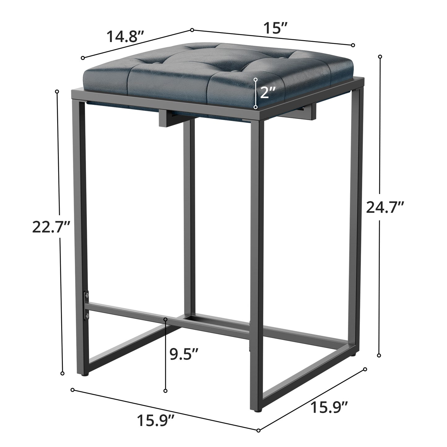 Cozy Castle Barstool Set of 2, Square Tufted Counter Stool, 24 Inch Island Chairs for Kitchen Counter, Faux Leather Metal Frame Bar Stools, Dark Blue