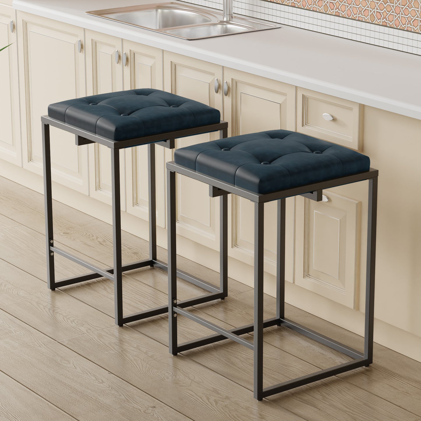 Cozy Castle Barstool Set of 2, Square Tufted Counter Stool, 24 Inch Island Chairs for Kitchen Counter, Faux Leather Metal Frame Bar Stools, Dark Blue