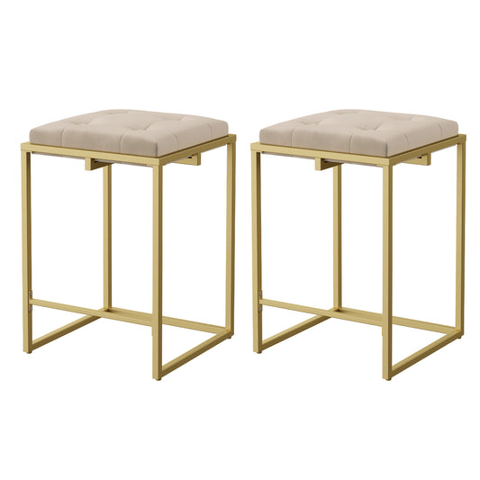 Cozy Castle Velvet Bar Stool, Square Tufted Counter Stool, 24 Inch Island Chairs for Kitchen Counter, Gold Frame Barstool Set of 2, Beige
