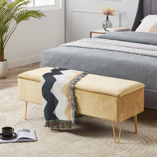 Cozy Castle Velvet Storage Bench, 43.3" Upholstered Entryway Bench, Indoor Bench for Living Room/End of Bed, Gold Finished Pin Legs, Champagne Beige