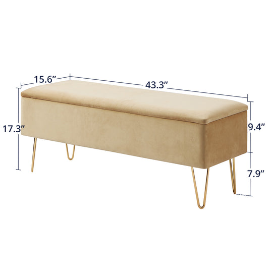 Cozy Castle Velvet Storage Bench, 43.3" Upholstered Entryway Bench, Indoor Bench for Living Room/End of Bed, Gold Finished Pin Legs, Champagne Beige