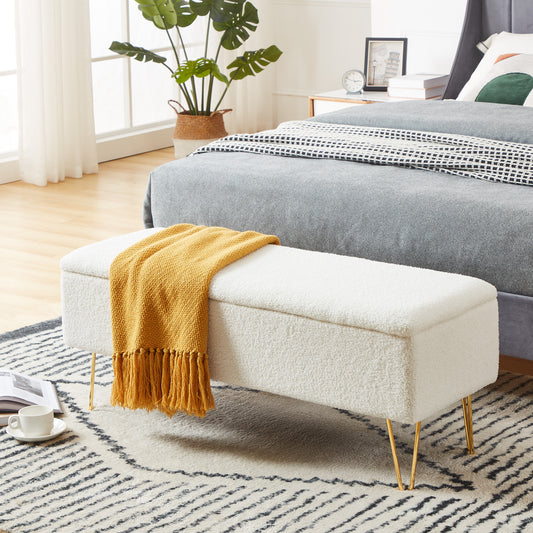 Cozy Castle Fuzzy Sherpa Upholstered Storage Bench, 43.3" Entryway Bench, Indoor Bench for Living Room/End of Bed, Gold Finished Pin Legs, White