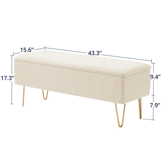 Cozy Castle Fuzzy Sherpa Upholstered Storage Bench, 43.3" Entryway Bench, Indoor Bench for Living Room/End of Bed, Gold Finished Pin Legs, White